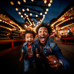 papa joven e hijo negro alegres en un parque de diversiones  - obrazy, fototapety, plakaty