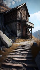 Fototapeta na wymiar small abandoned village wooden house cobbled street on the side of the mountain 3D superrealistic photo hyper detailed superb quality photography style 