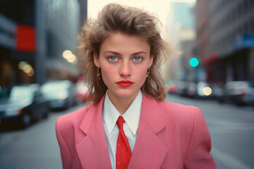 Iconic 1980s Style: Woman Portrait with Shoulder Pads and Voluminous Hair. City Background