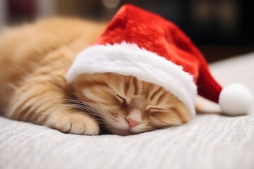 クリスマスの帽子をかぶっている猫