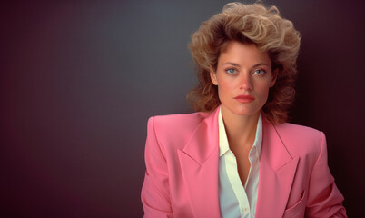 Iconic 1980s Style: Woman Portrait with Shoulder Pads and Voluminous Hair. Gray Background - obrazy, fototapety, plakaty