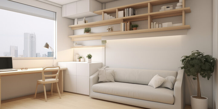 modern living room contemporary ultra compact apartment, white furniture