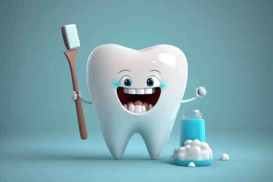 3D realistic happy white tooth , Tooth cartoon characters with thumbs up and brush on bright background , Cleaning and whitening teeth concept, generative AI	
