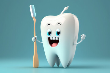 3D realistic happy white tooth , Tooth cartoon characters with thumbs up and brush on bright background , Cleaning and whitening teeth concept, generative AI	
