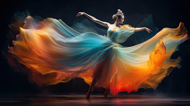 Beautiful abstract ballerina dancer. Fairytale princess in a palace. Flowing gown of a young ballet dancer. Silk streaming.