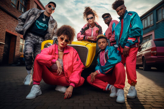 The 1980s Street Vibe: A Joyful Group Portrait of Friends Wearing Neon Colors, Reviving the Era's Retro Fashion and Youthful Energy



