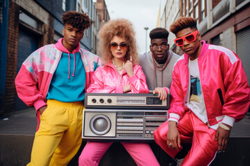 Obraz premium The 1980s Street Vibe: A Joyful Group Portrait of Friends Wearing Neon Colors, Reviving the Era's Retro Fashion and Youthful Energy