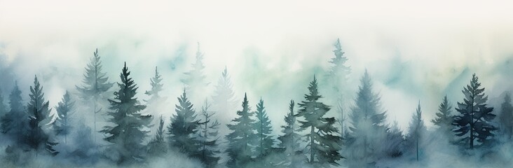 Watercolor pine trees background, Christmas background, winter