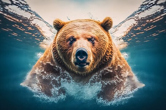 aerial shot from above wide angle shot full body image large angry brown bear3 catching fish in a river2 mountain2 in the background ultra 4k national geographic high quality photo photorealistic 