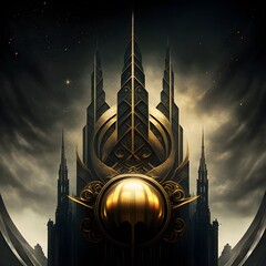 Art deco technologically advanced alien Heaven gothicblack and gold city Afterlife 