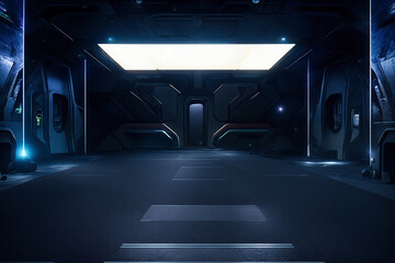 Spaceship corridor. Futuristic tunnel with light, interior view. Future background, business, sci-fi or science concept. 3d rendering