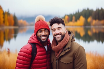 Interracial 30s gay couple or friends hiking outdoors, cold fall season