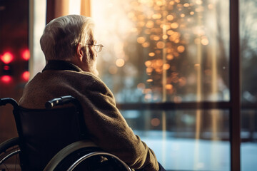 old man sitting in a wheelchair - obrazy, fototapety, plakaty