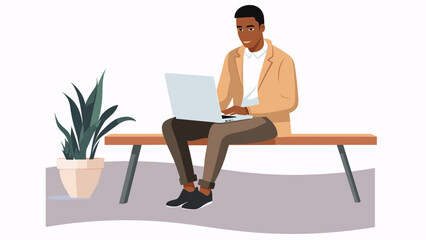 Young black man working on laptop at her office, Vector flat illustration	