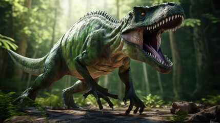 realistic dinosaur in lush forest - obrazy, fototapety, plakaty