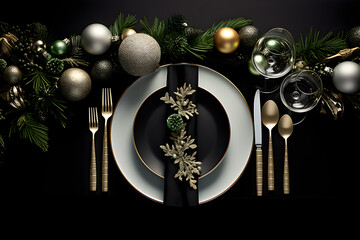  Elegant Christmas Tablescape:  A top-view shot of an exquisitely adorned Christmas table setting featuring  lush garlands and dark natural evergreen decor artfully arranged on a sleek black table.