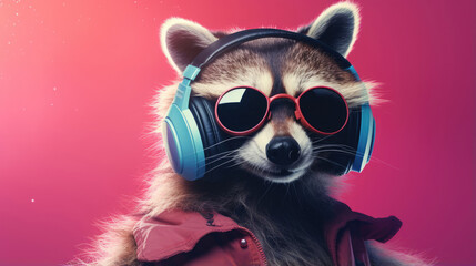 A cool raccoon in sunglasses and earphones,  spinning some records