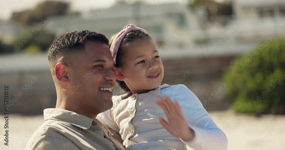 Poster Hug, outdoor and father with a girl, smile and conversation with love, bonding and summer break. Family, dad and daughter embrace, beach and vacation with happiness, speaking and trust with support