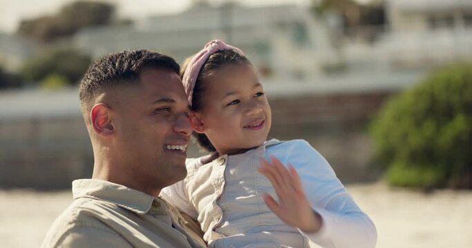 Hug, outdoor and father with a girl, smile and conversation with love, bonding and summer break. Family, dad and daughter embrace, beach and vacation with happiness, speaking and trust with support