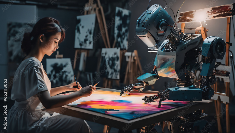 Poster robot artist painting a picture on a canvas, ai technology create generative art. bot making image. 