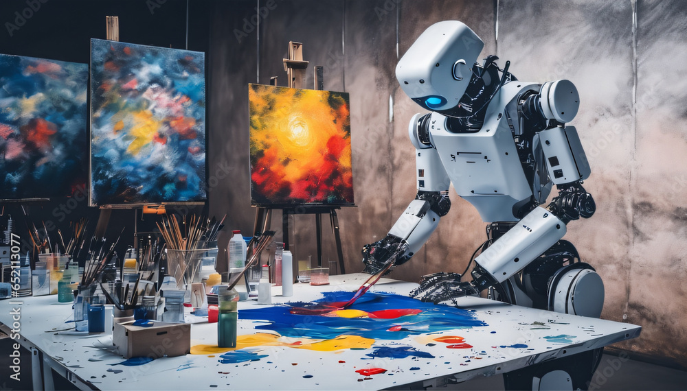 Poster robot artist painting a picture on a canvas, ai technology create generative art. bot making image. 
