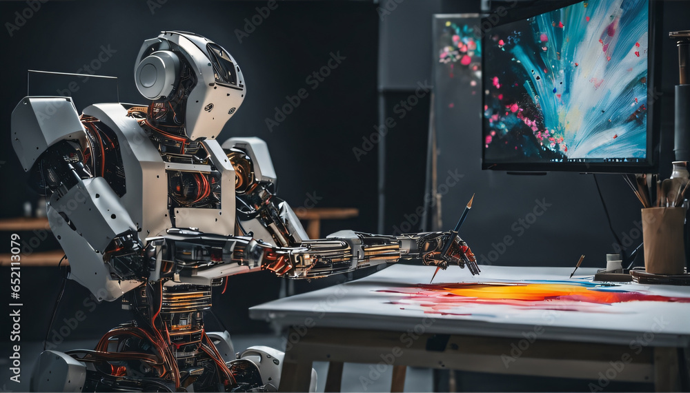 Poster robot artist painting a picture on a canvas, ai technology create generative art. bot making image. 