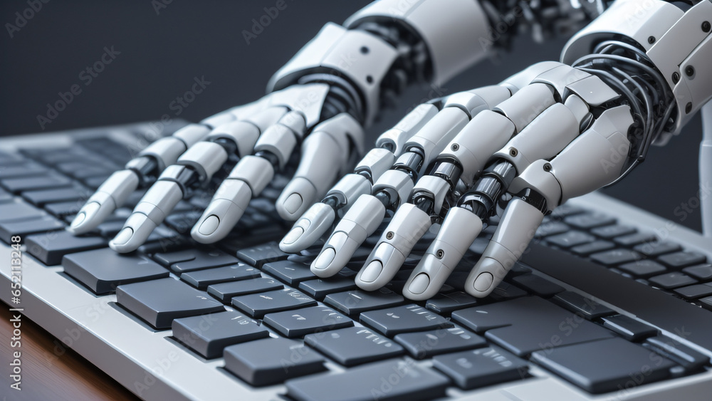 Poster robot hands over laptop keyboard. generative ai