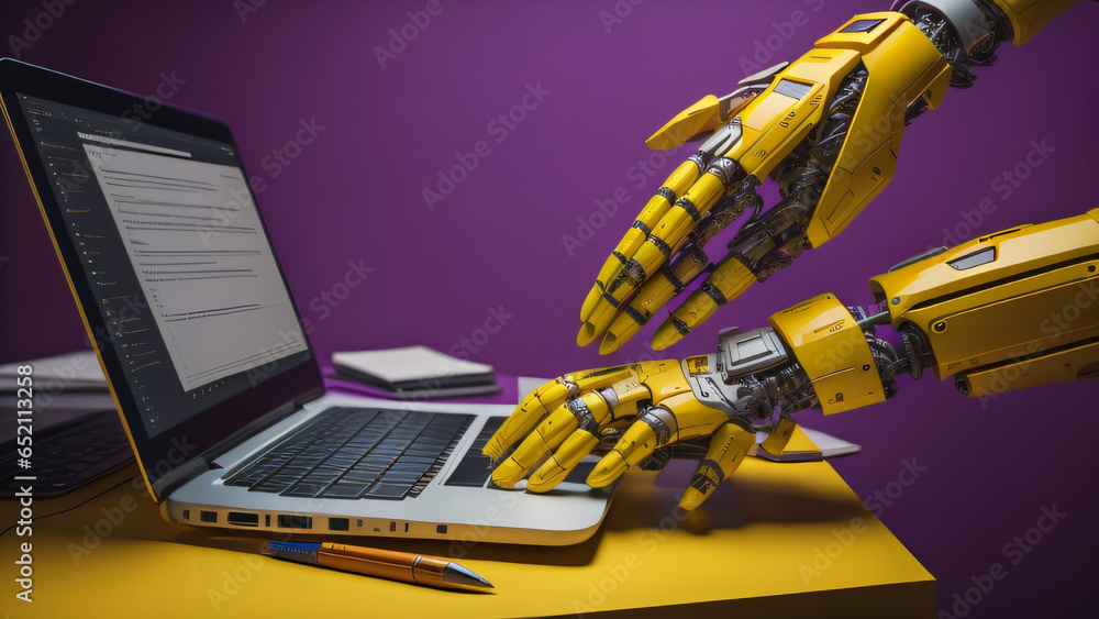 Poster robot hands over laptop keyboard. generative ai