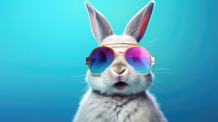 A trendy rabbit wearing sunglasses and grooving with headphones