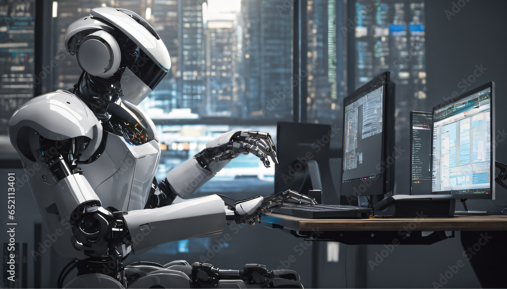 Poster robot hands over laptop keyboard. generative ai