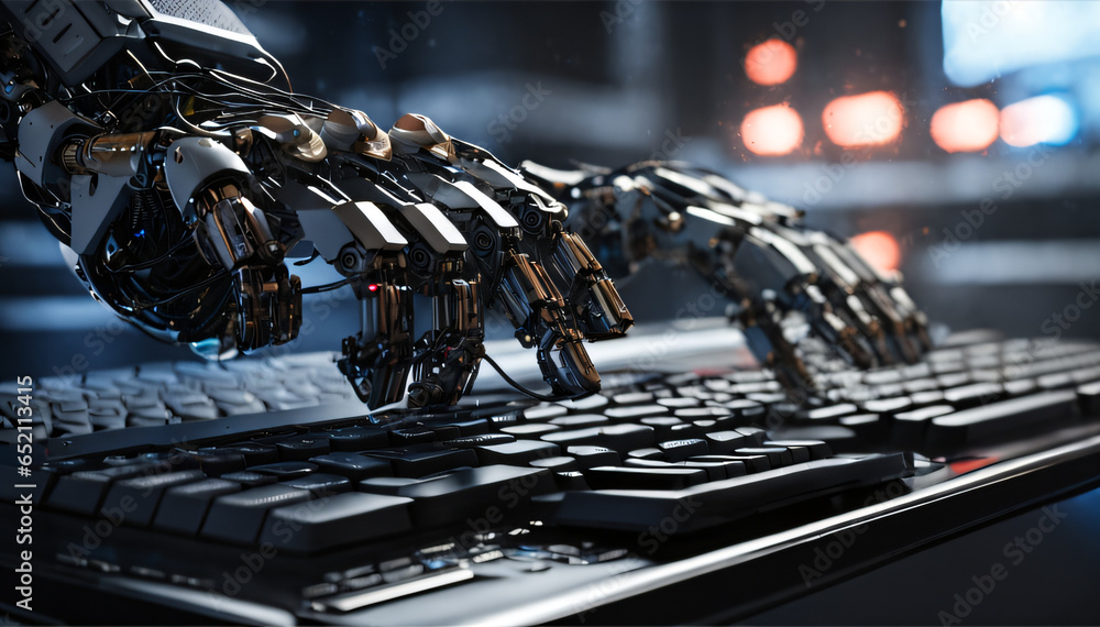 Poster robot hands over laptop keyboard. generative ai