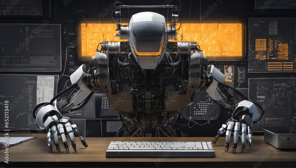 Poster robot hands over laptop keyboard. generative ai