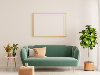 Mock up poster frame in Scandinavian style interior with green velvet sofa