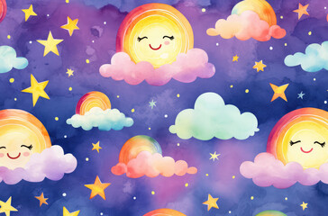 a background design vector made of clouds, sun, and the moon