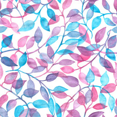 Pattern of fantasy leaves.Watercolor illustration on a transparent background. Seamless pattern.Background,texture.Suitable for wallpaper,fabric,wrapping paper.
