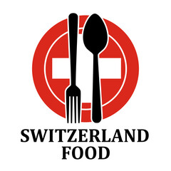 Switzerland Restaurant food logo. Flag symbol with plate spoon and fork Icon Template Illustration Design