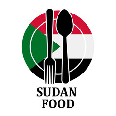 Sudan Restaurant food logo. Flag symbol with plate spoon and fork Icon Template Illustration Design