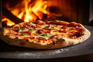 Foto op Plexiglas Freshly baked pizza closeup, traditional wood fired oven background. © FurkanAli