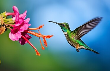 Hummingbird bird flying next to a beautiful red flower with rain.
