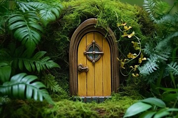 Little magic wooden fairy doors and plants leave on a mossy natural green background.