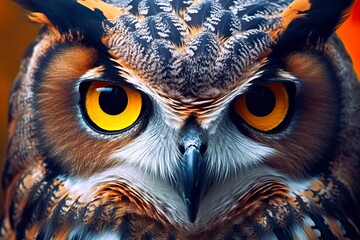 Owl headshot with closeup of face. - obrazy, fototapety, plakaty