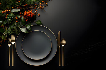 Minimalist Christmas Elegance: A top-view shot of a minimalist Christmas table, featuring silverware, subtle garlands, and dark evergreen decor on a black table.