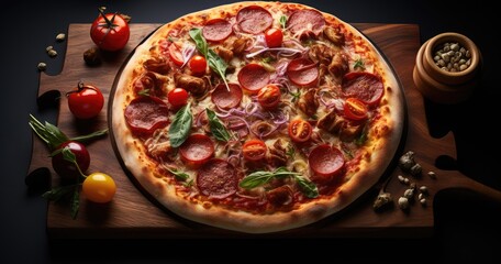 freshly baked pepperoni pizza on rustic wooden table