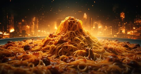 rustic spaghetti bolognese with fresh basil - obrazy, fototapety, plakaty