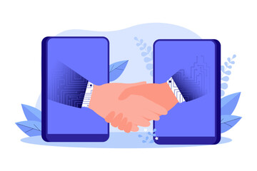 Virtual handshake of remote partners vector illustration. Digital hands reaching from smartphone screens, businessmen collaborating and communicating online. Virtual meeting, business concept