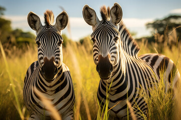 Obraz premium two cute zebra animals on the grassland