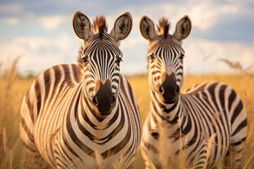 Fototapeta na wymiar two cute zebra animals on the grassland