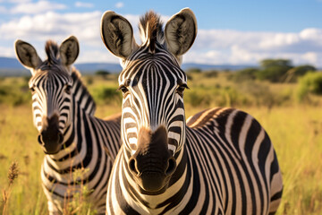 Fototapeta na wymiar two cute zebra animals on the grassland