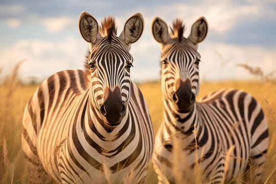 two cute zebra animals on the grassland