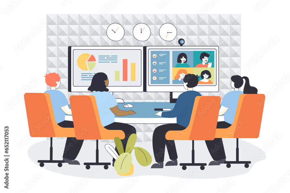 Aufkleber group of coworkers collaborating online vector illustration. people working together on project on v